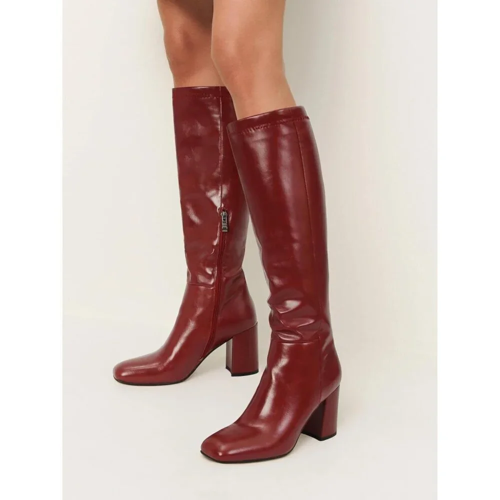 Women's Red Faux Leather Fashion Square Toe Chunky Heel Knee High Boots